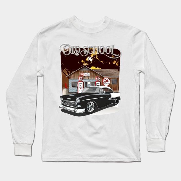 1955 Black & White Chevy Bel Air Old School Shirt Long Sleeve T-Shirt by RPM-ART